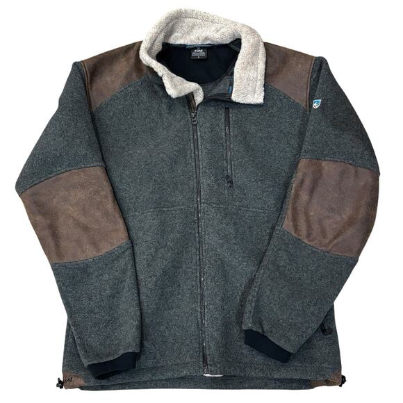 Kuhl Alpenwurx Fleece Jacket Large Elbow Patch Zip Pockets Charcoal Gray Hiking - Picture 1 of 9